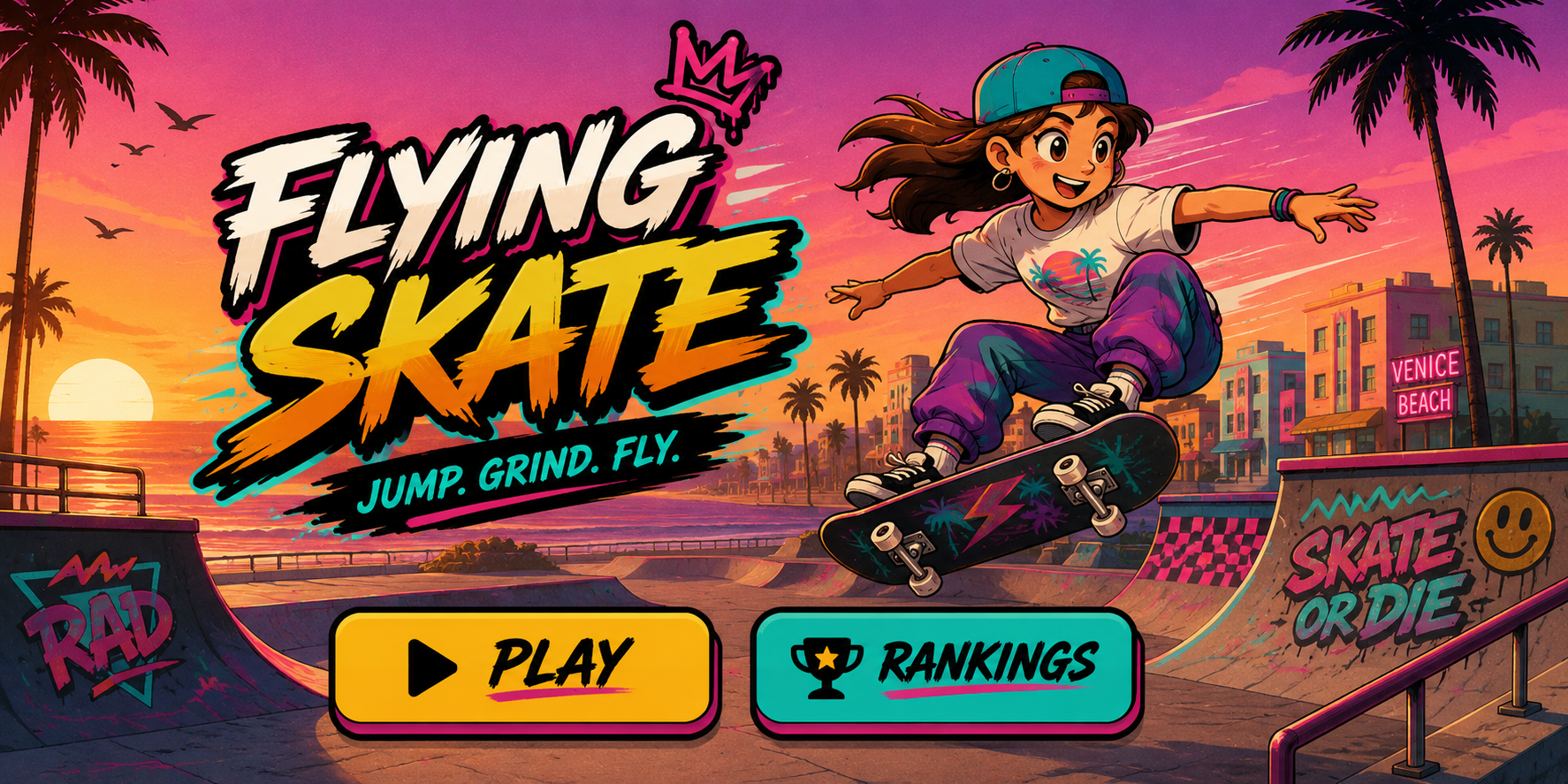 Flying Skate title screen showing the skater, Venice Beach background, Play button, and Rankings button.
